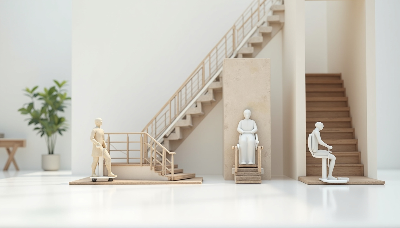 Différents modèles de monte-escaliers installés à Pissos: droit, tournant, extérieur et plateforme PMR