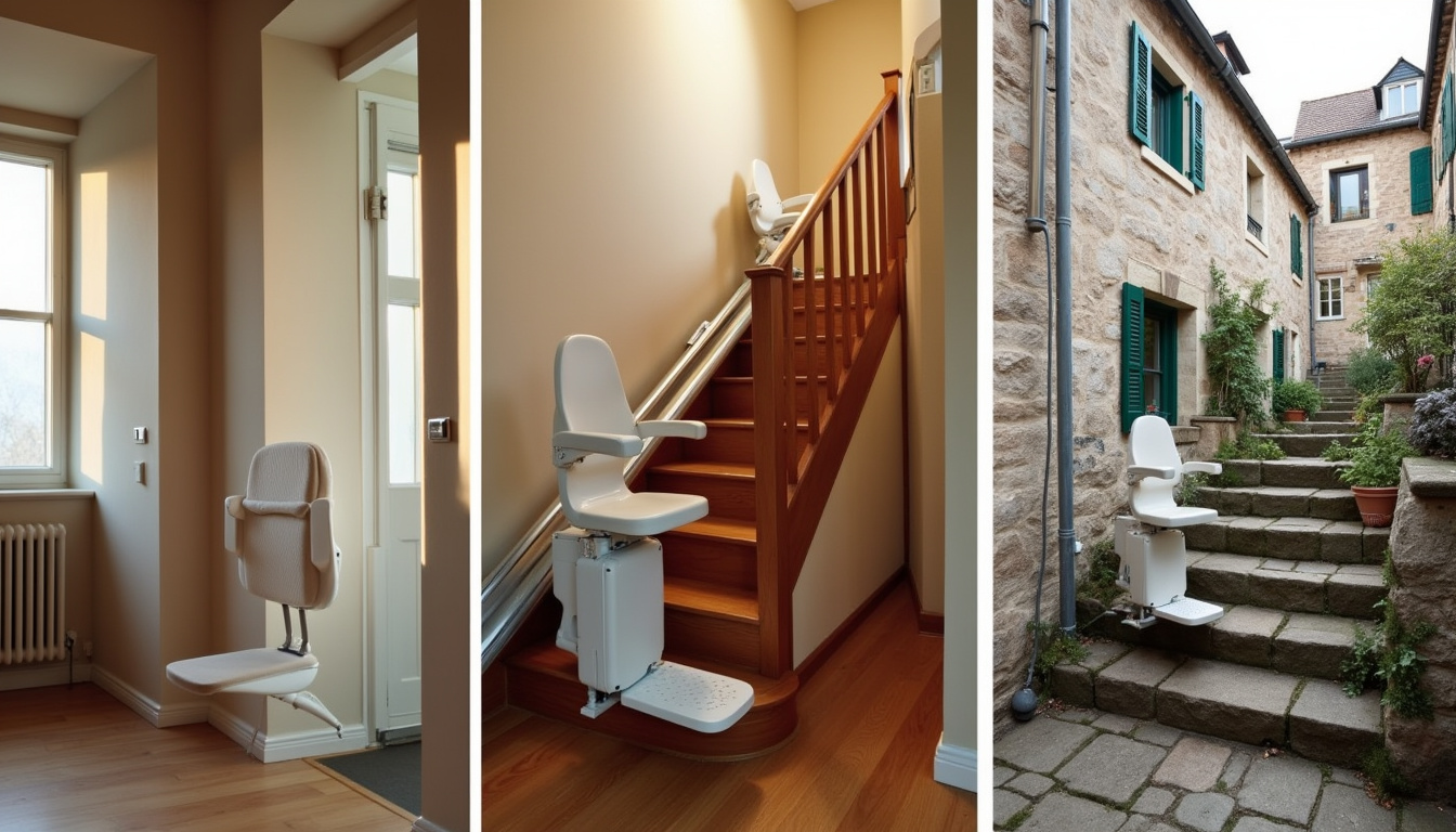 Différents modèles de monte-escaliers installés à Quaëdypre: droit, tournant et extérieur