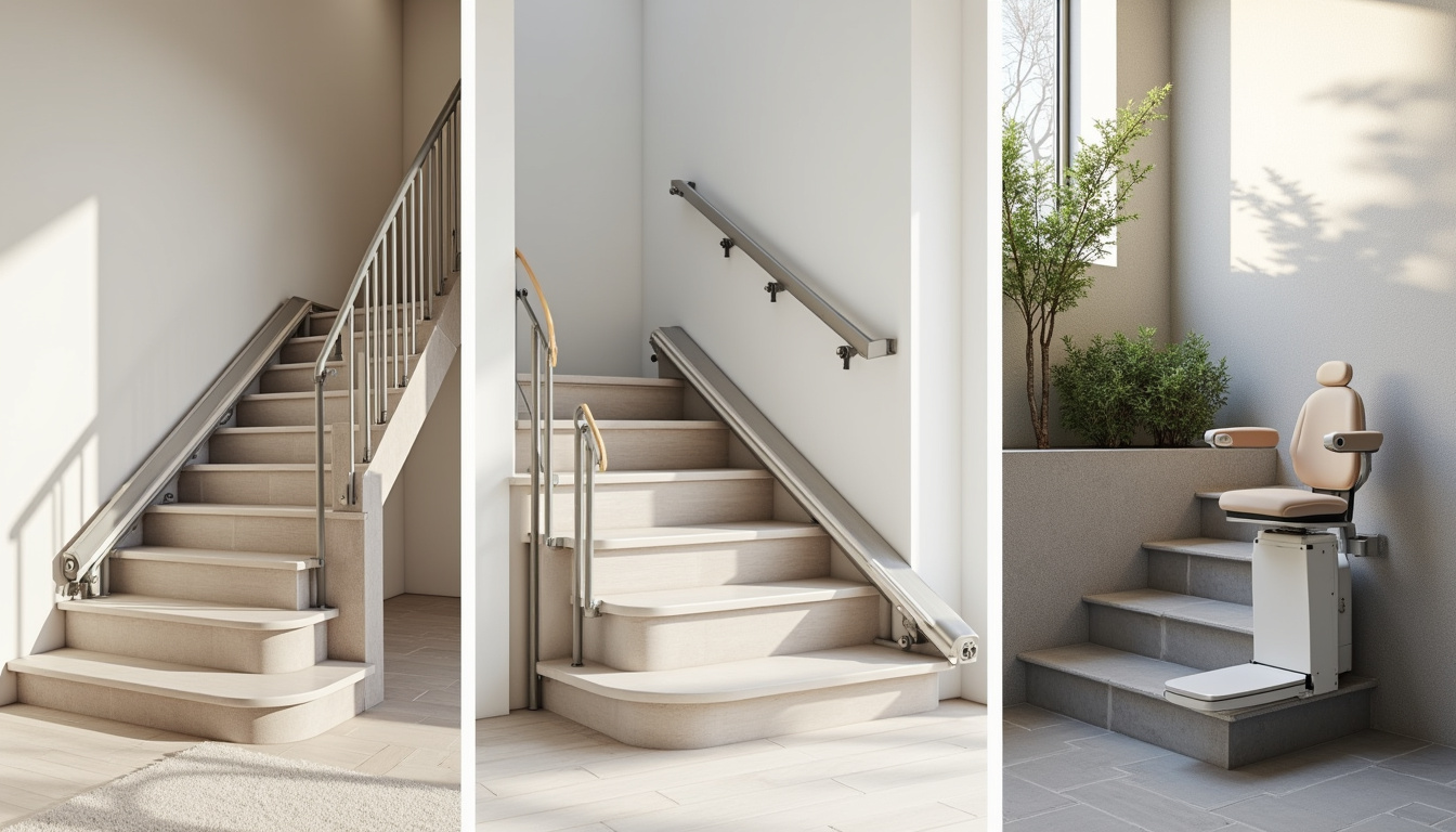 Différents modèles de monte-escaliers installés à Saint-Estève: droit, tournant, extérieur et debout