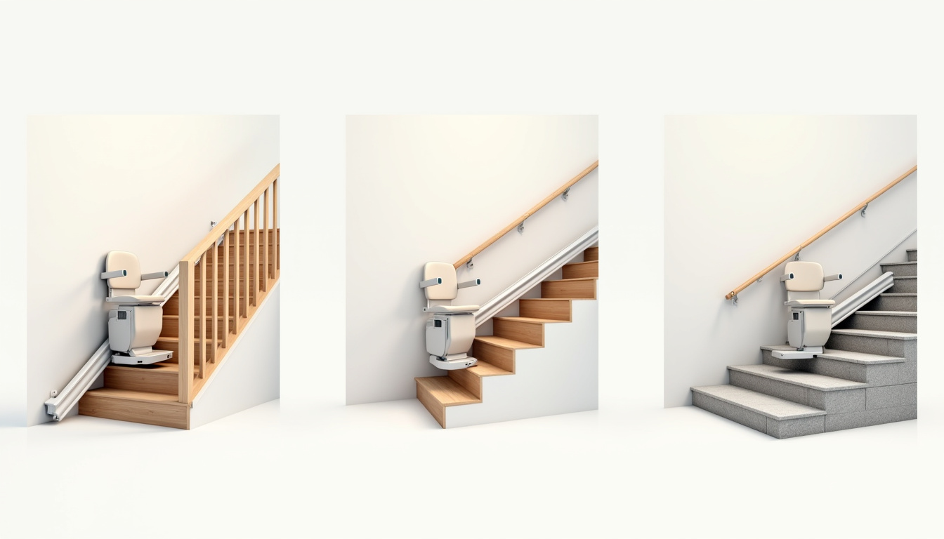 Différents modèles de monte-escaliers installés à Saint-Gilles: droit, tournant et extérieur