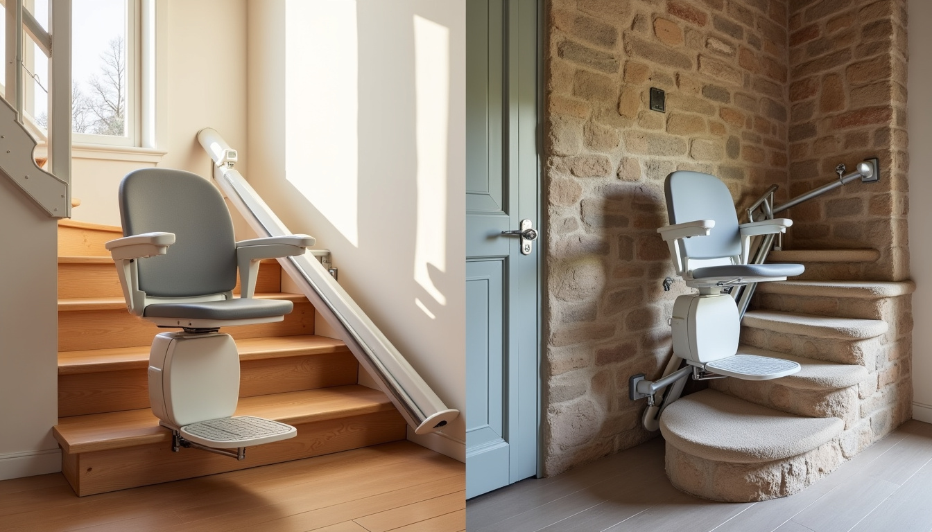 Différents modèles de monte-escaliers installés dans des habitations à Précigné, montrant versions droites et tournantes