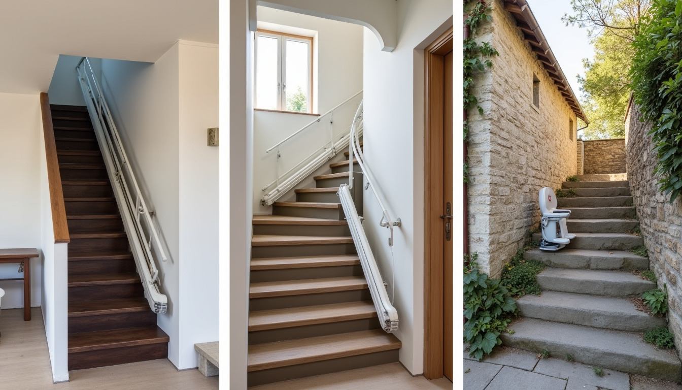 Différents modèles de monte-escaliers installés dans des habitations de Rainneville: droit, tournant et extérieur