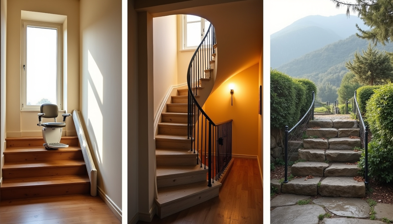 Différents modèles de monte-escaliers installés dans des maisons de Labaroche: droit, tournant et extérieur