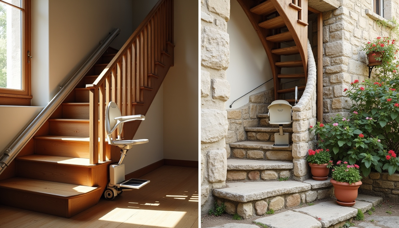 Différents modèles de monte-escaliers installés dans des maisons typiques de Les Riceys: droit, tournant et extérieur