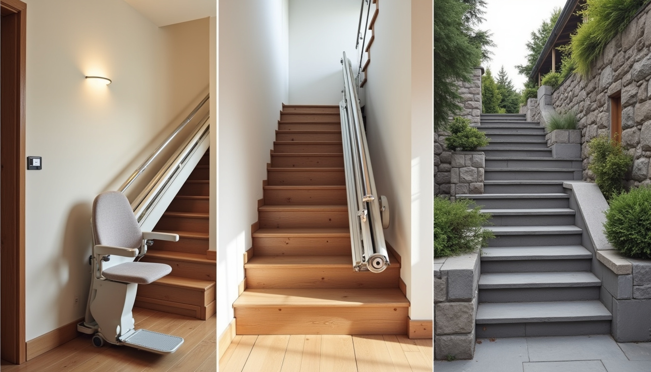 Différents modèles de monte-escaliers installés dans une maison à Frans: droit, tournant et extérieur