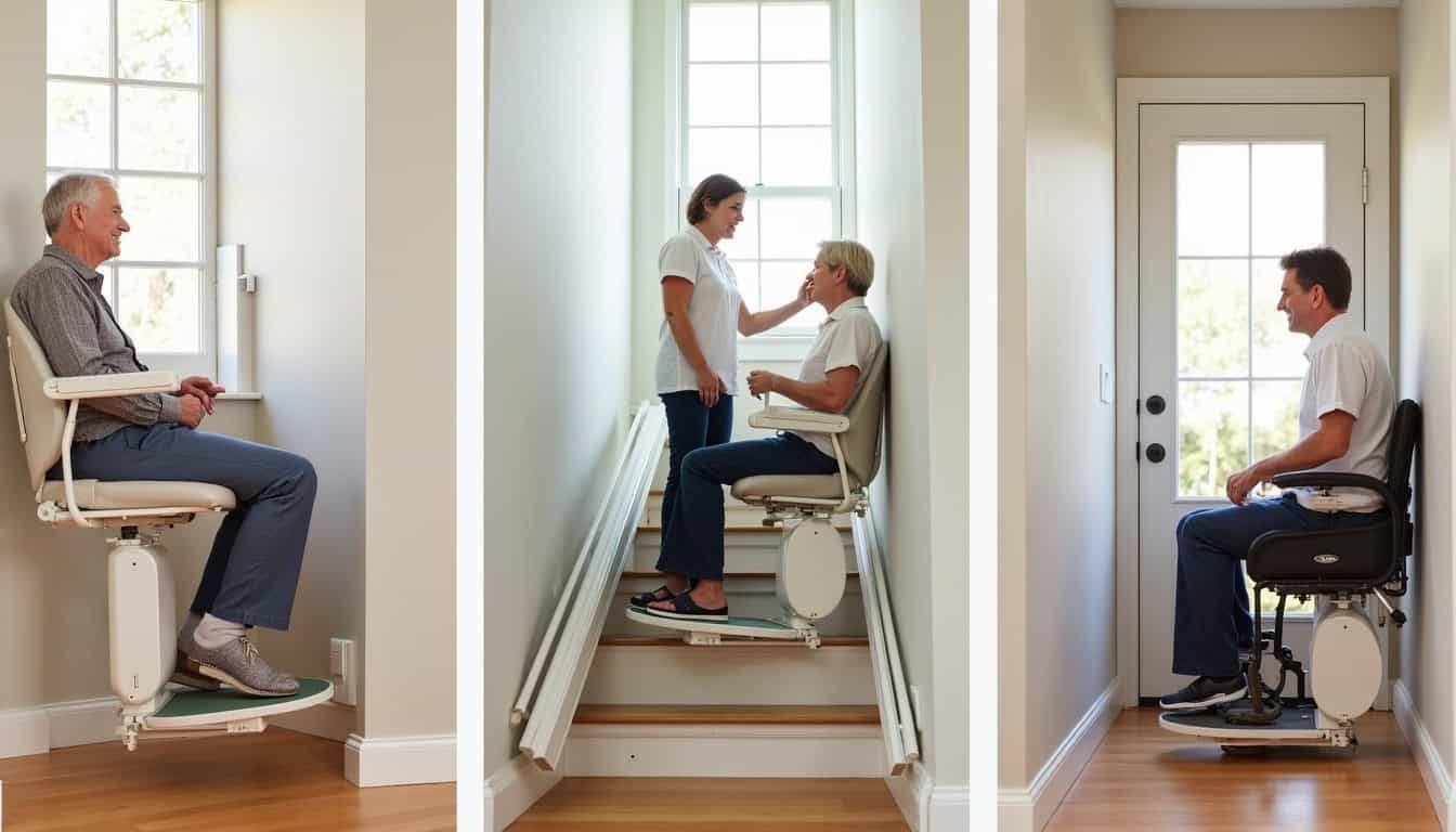 Différents modèles de monte-escaliers installés dans une maison de Beausemblant: chaise droite, tournante et plateforme élévatrice