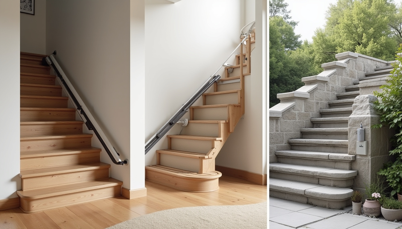 Différents modèles de monte-escaliers installés dans une maison: droit, tournant et extérieur