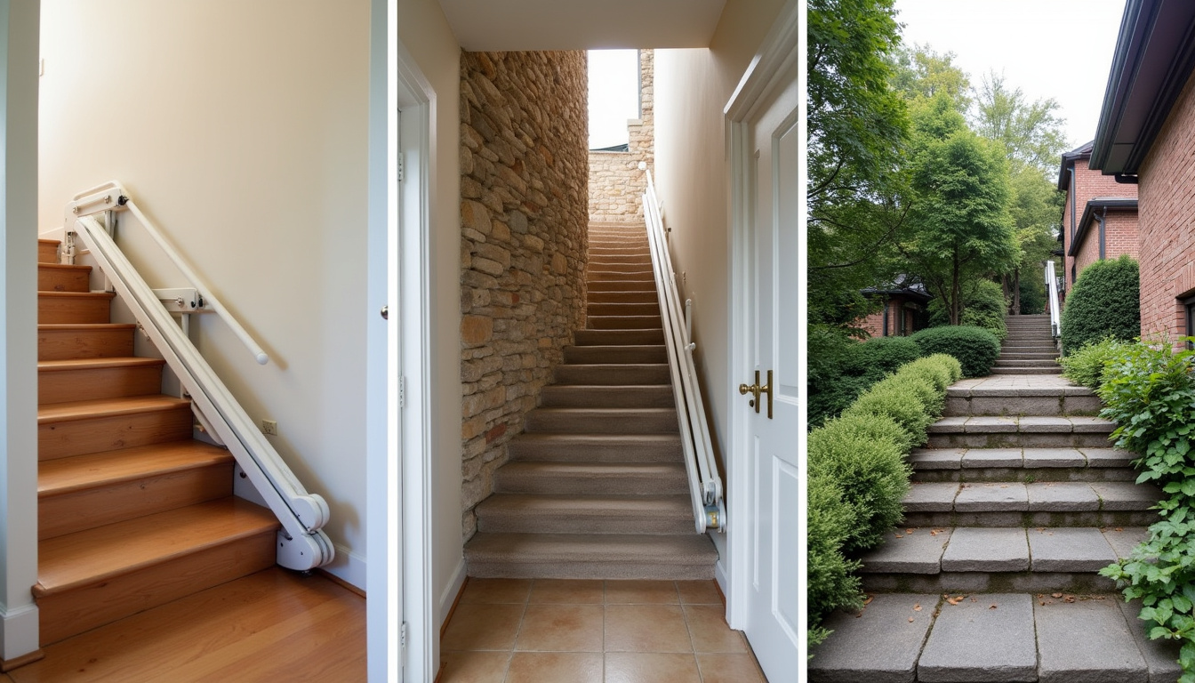 Différents modèles de monte-escaliers installés dans une maison typique de Fouquereuil: droit, tournant et extérieur