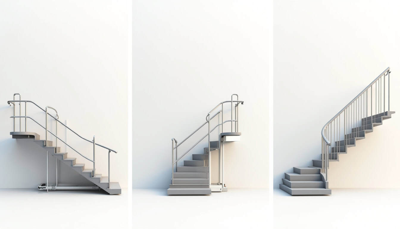Différents modèles de monte-escaliers installés: droit, tournant et extérieur