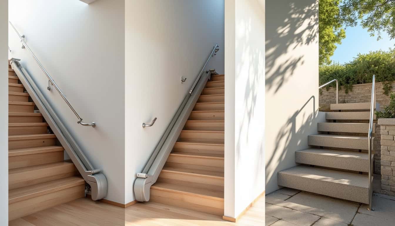 Différents types de monte-escalier installés dans des foyers de Puichéric: modèle droit, tournant et extérieur