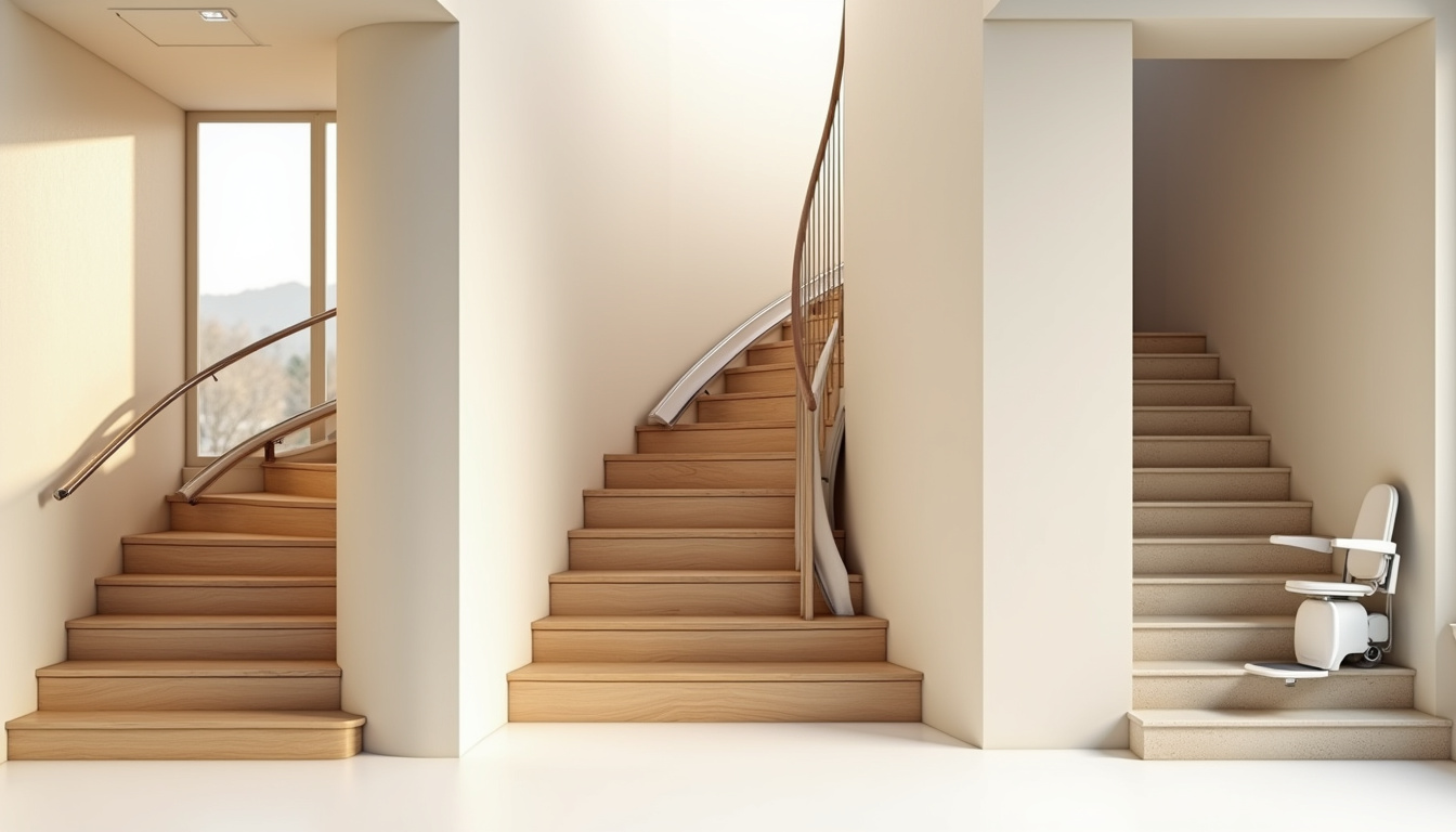 Différents types de monte-escaliers adaptés à une maison avec escalier droit, tournant et extérieur à Vals-près-le-Puy