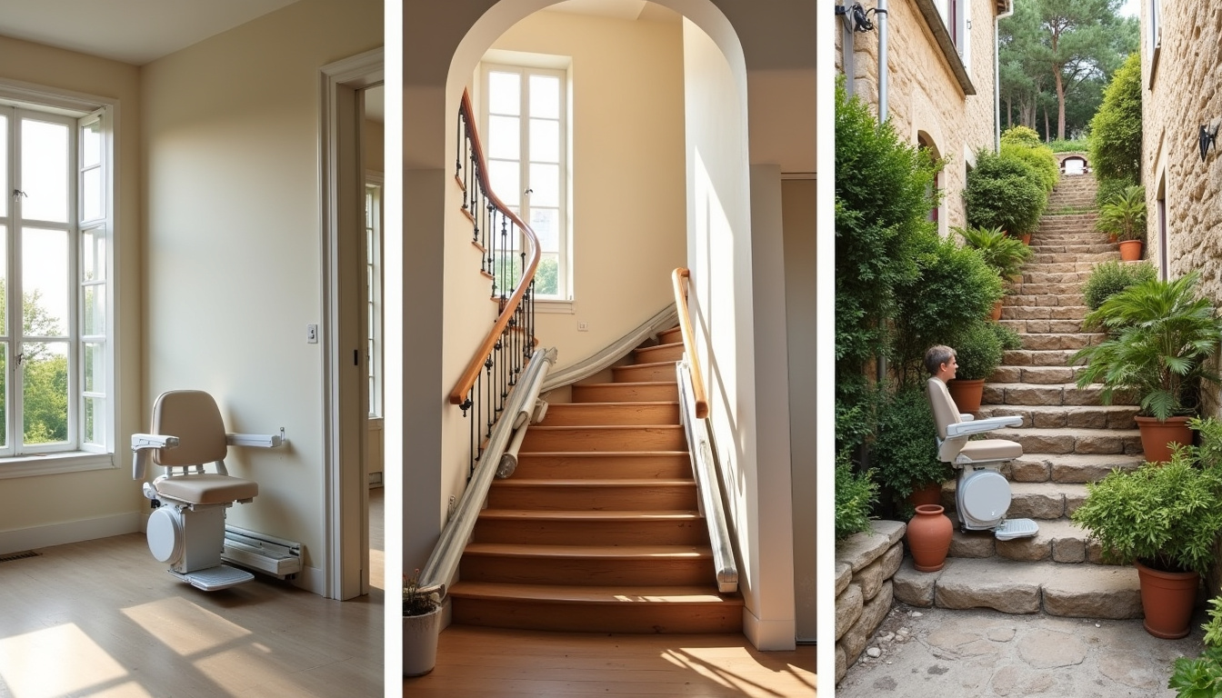Différents types de monte-escaliers: droit, tournant et extérieur en situation réelle à Pont-Évêque