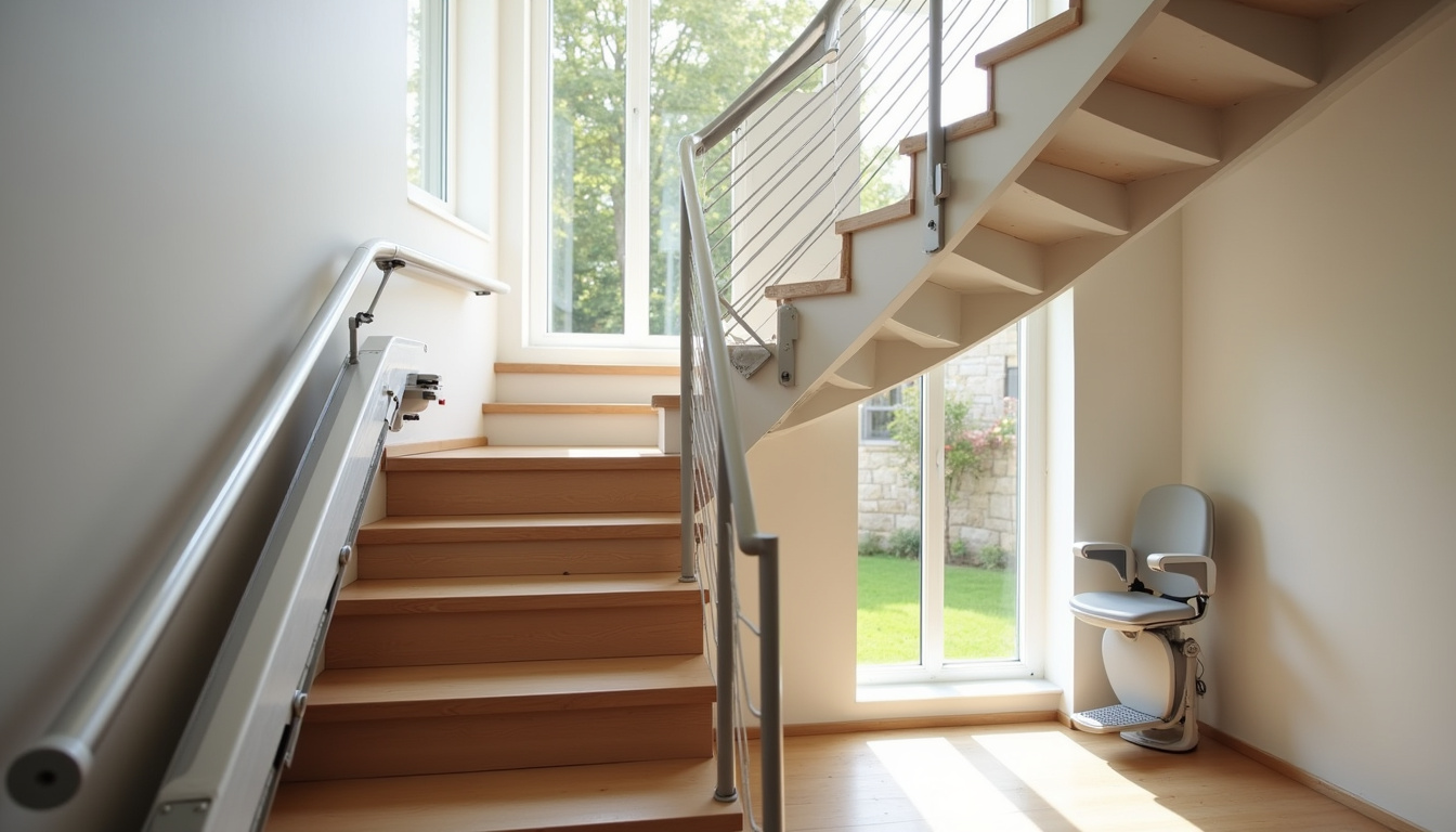 Différents types de monte-escaliers: droit, tournant et extérieur, illustrés pour une maison à Saint-Genès-Champanelle