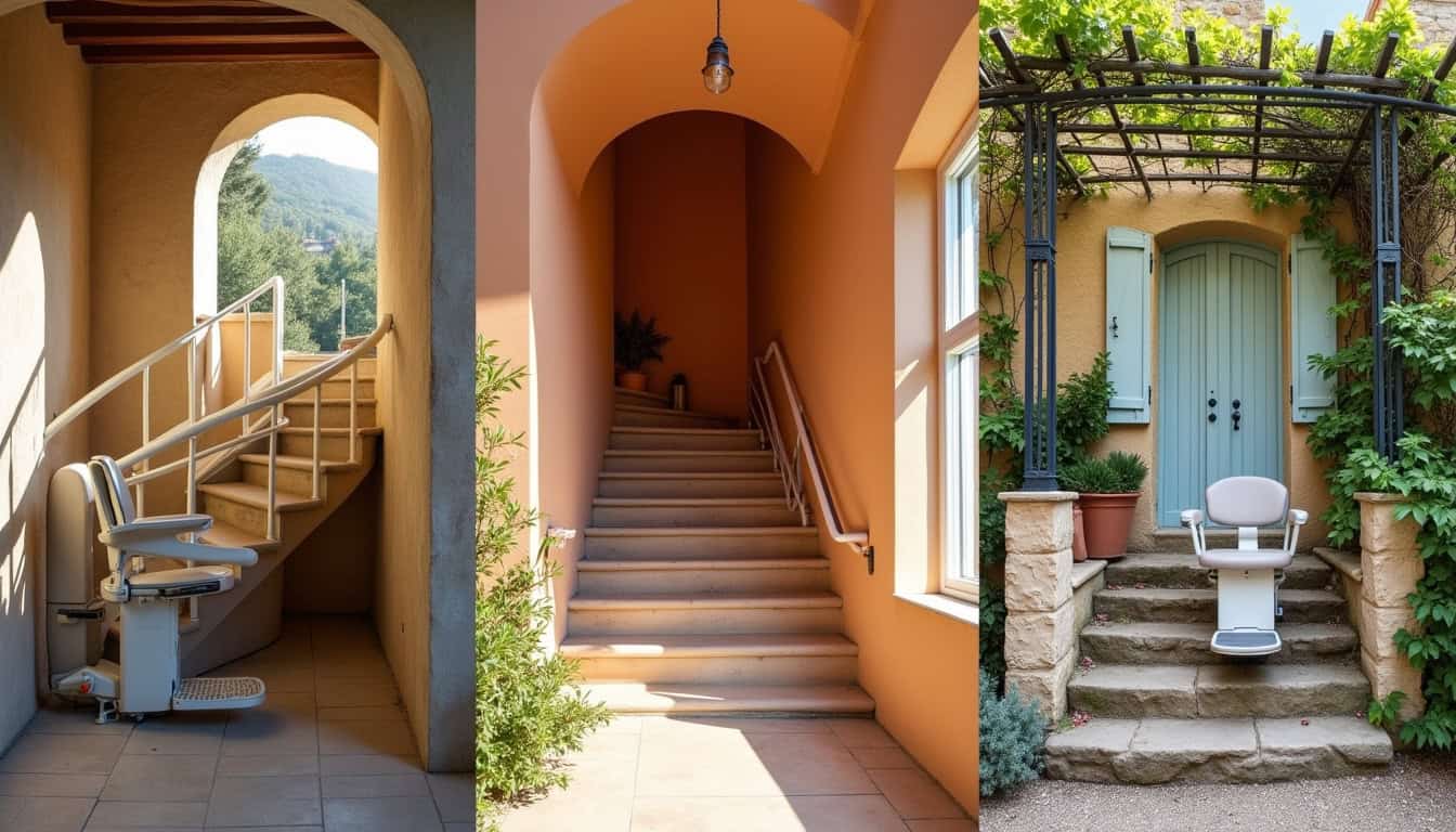Différents types de monte-escaliers: droit, tournant et extérieur, installés dans des maisons provençales