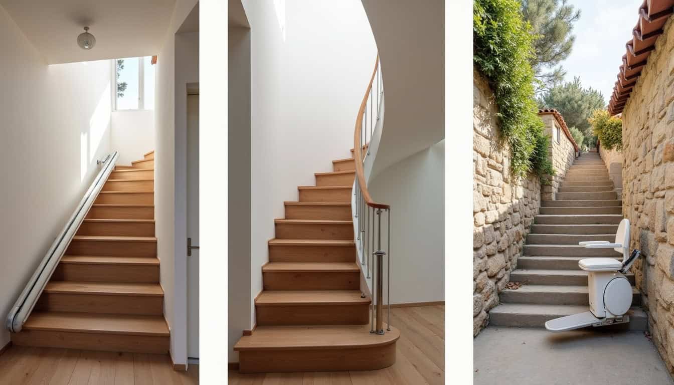 Différents types de monte-escaliers en situation: droit, tournant et extérieur