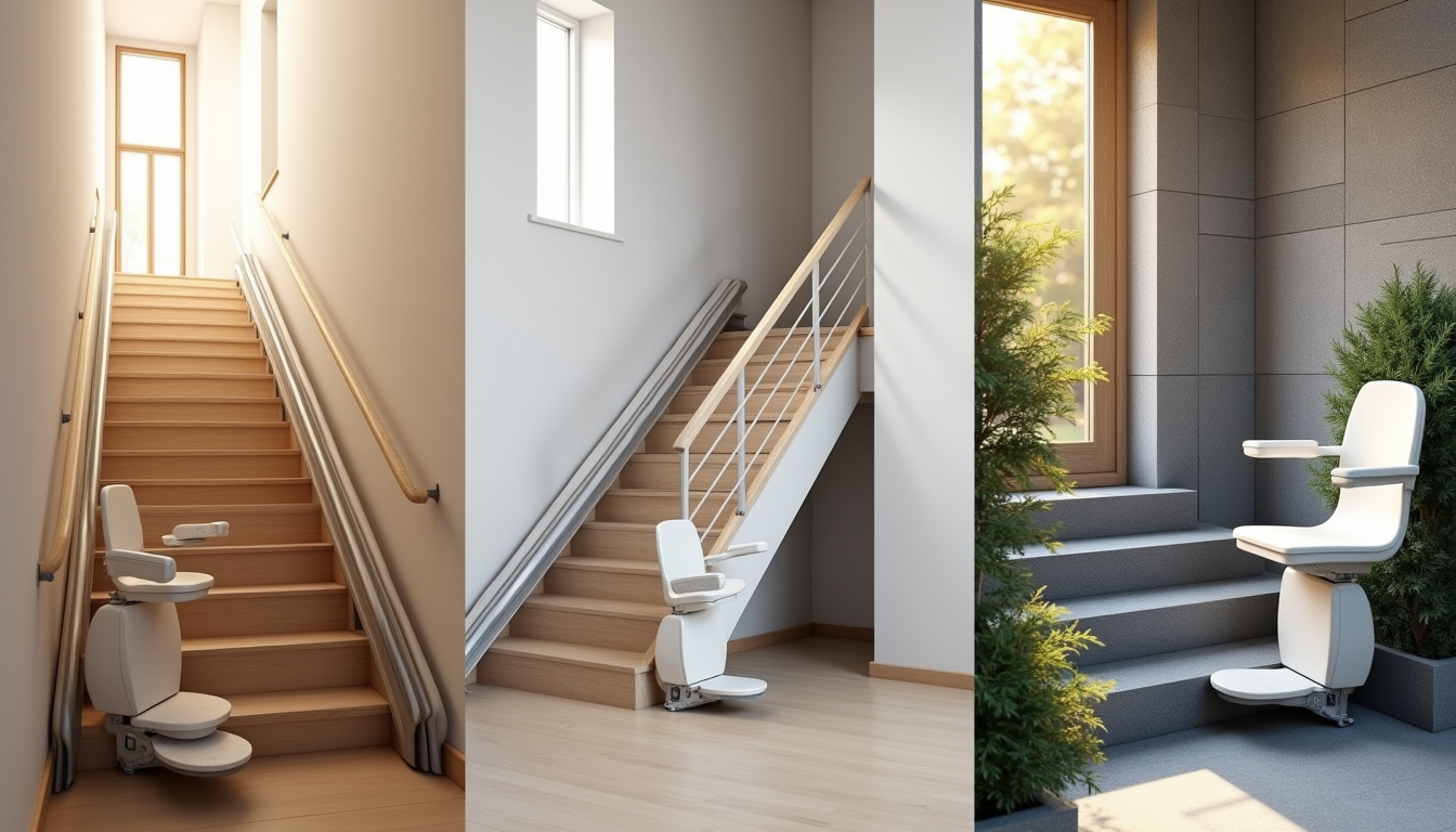 Différents types de monte-escaliers en situation: droit, tournant et extérieur