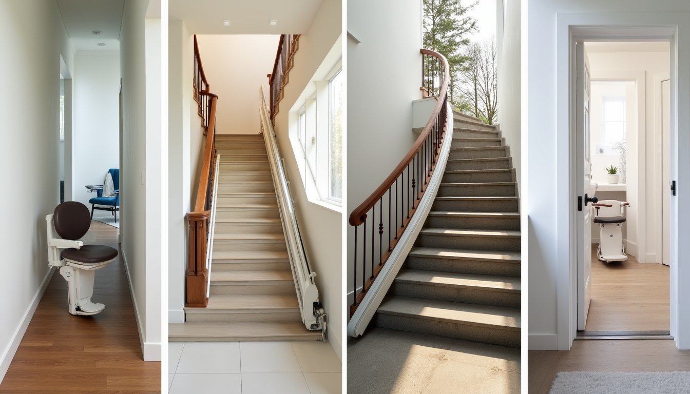 Différents types de monte-escaliers en situation: droit, tournant, extérieur et debout