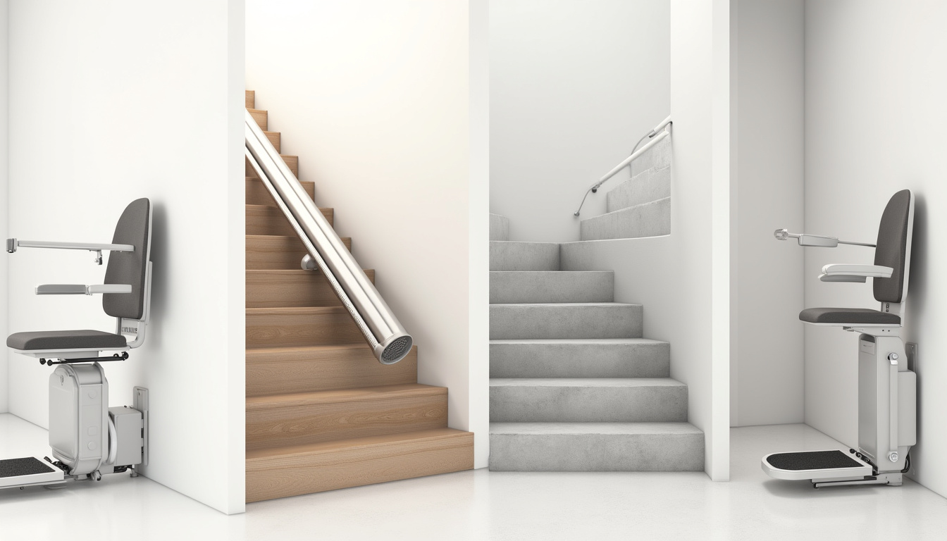Différents types de monte-escaliers en situation: droit, tournant, extérieur et plateforme élévatrice