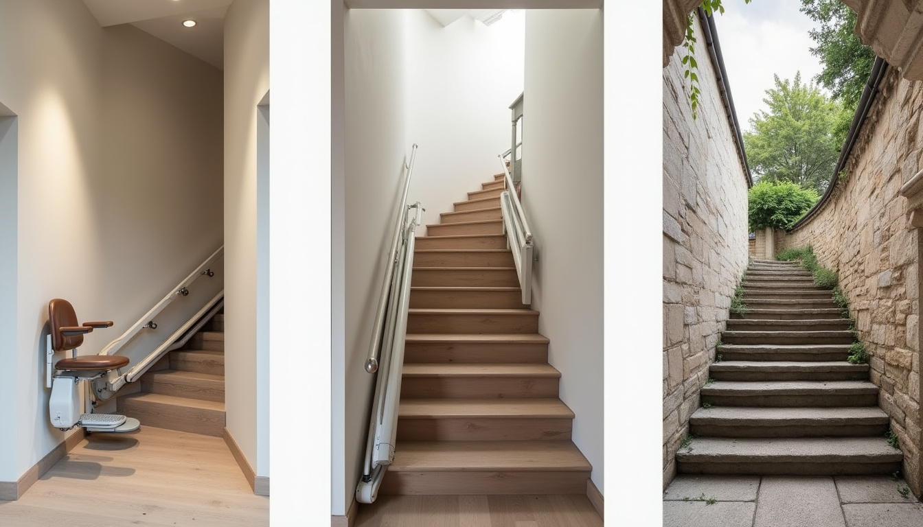 Différents types de monte-escaliers installés à Beauval: droit, tournant et extérieur