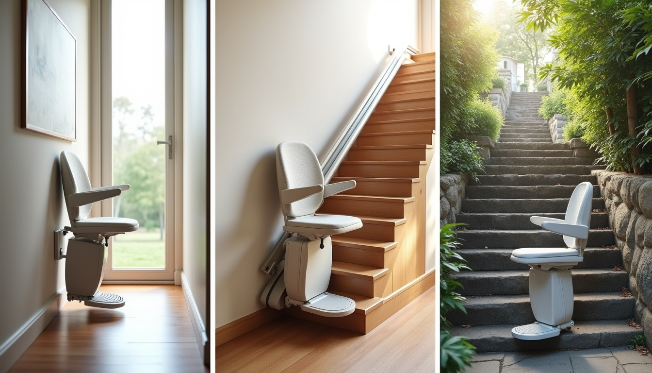 Différents types de monte-escaliers installés à Bièvres: droit, tournant et extérieur