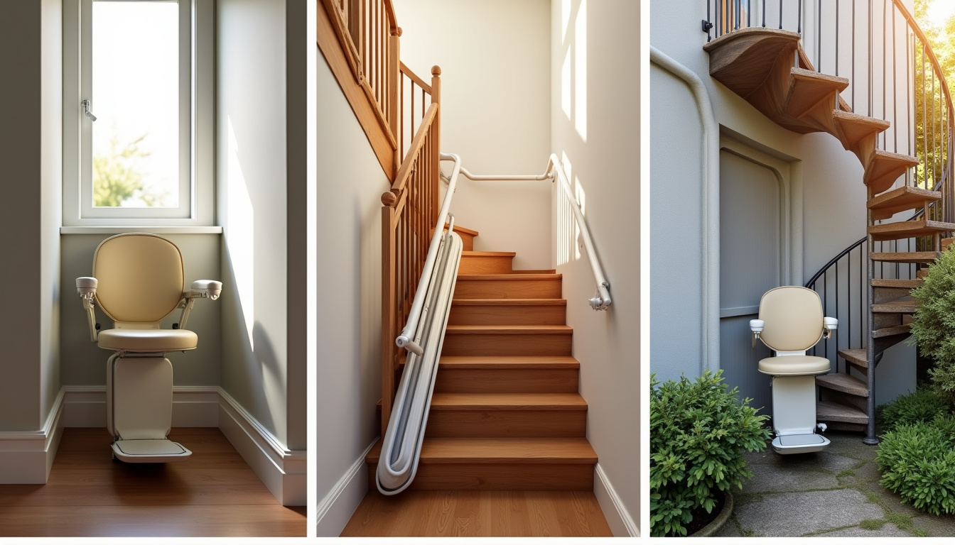 Différents types de monte-escaliers installés à Brebières: droit, tournant et extérieur