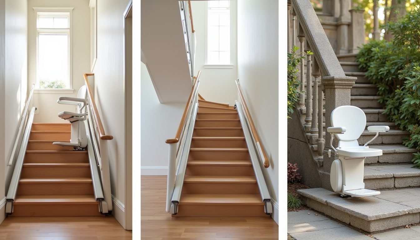 Différents types de monte-escaliers installés à Houdain: droit, tournant et extérieur