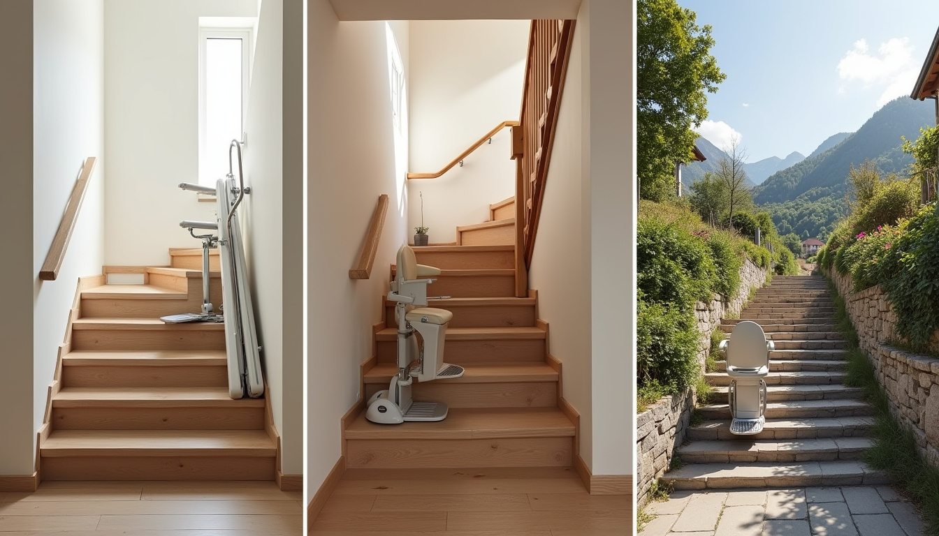 Différents types de monte-escaliers installés à Illtal: droit, tournant et extérieur