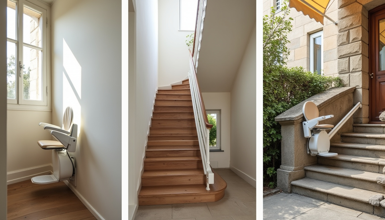 Différents types de monte-escaliers installés à La Madeleine: droit, tournant et extérieur