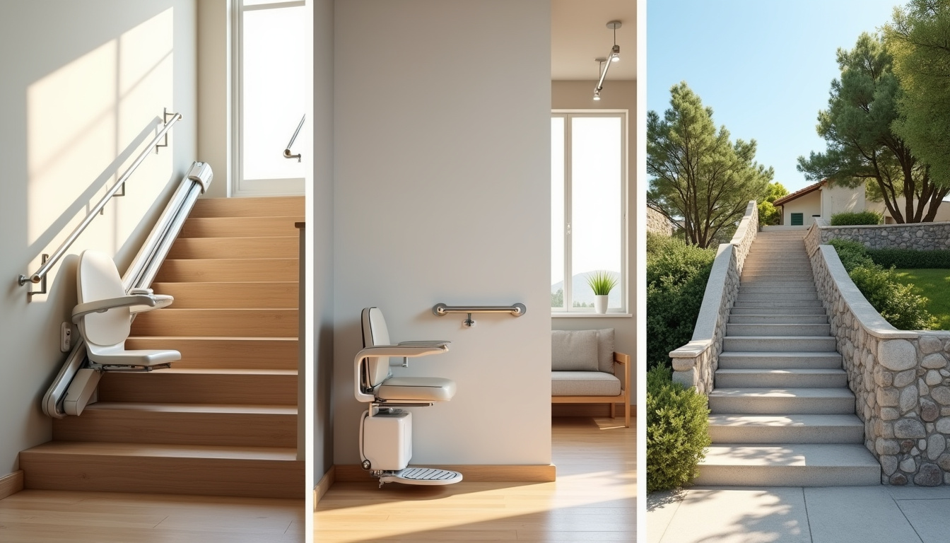 Différents types de monte-escaliers installés à Menton: droit, courbe et extérieur