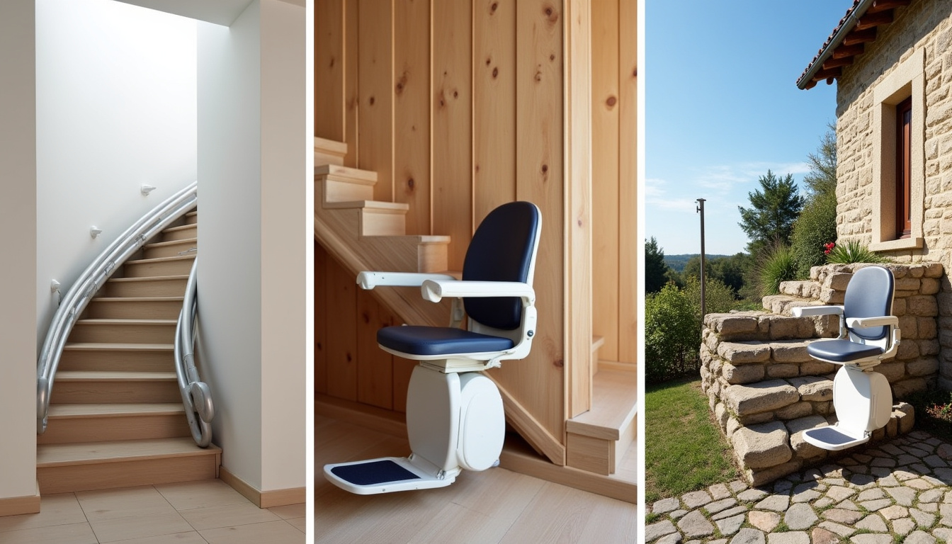 Différents types de monte-escaliers installés à Misérieux: droit, tournant et extérieur