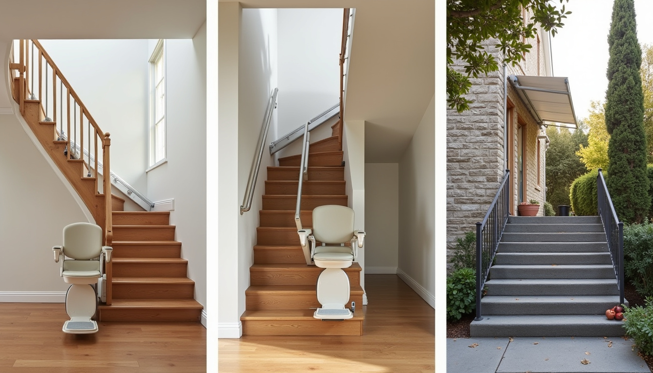 Différents types de monte-escaliers installés à Mouzon: droit, tournant et extérieur