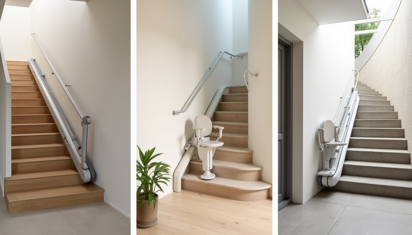 Différents types de monte-escaliers installés à Poligné: droit, tournant et extérieur
