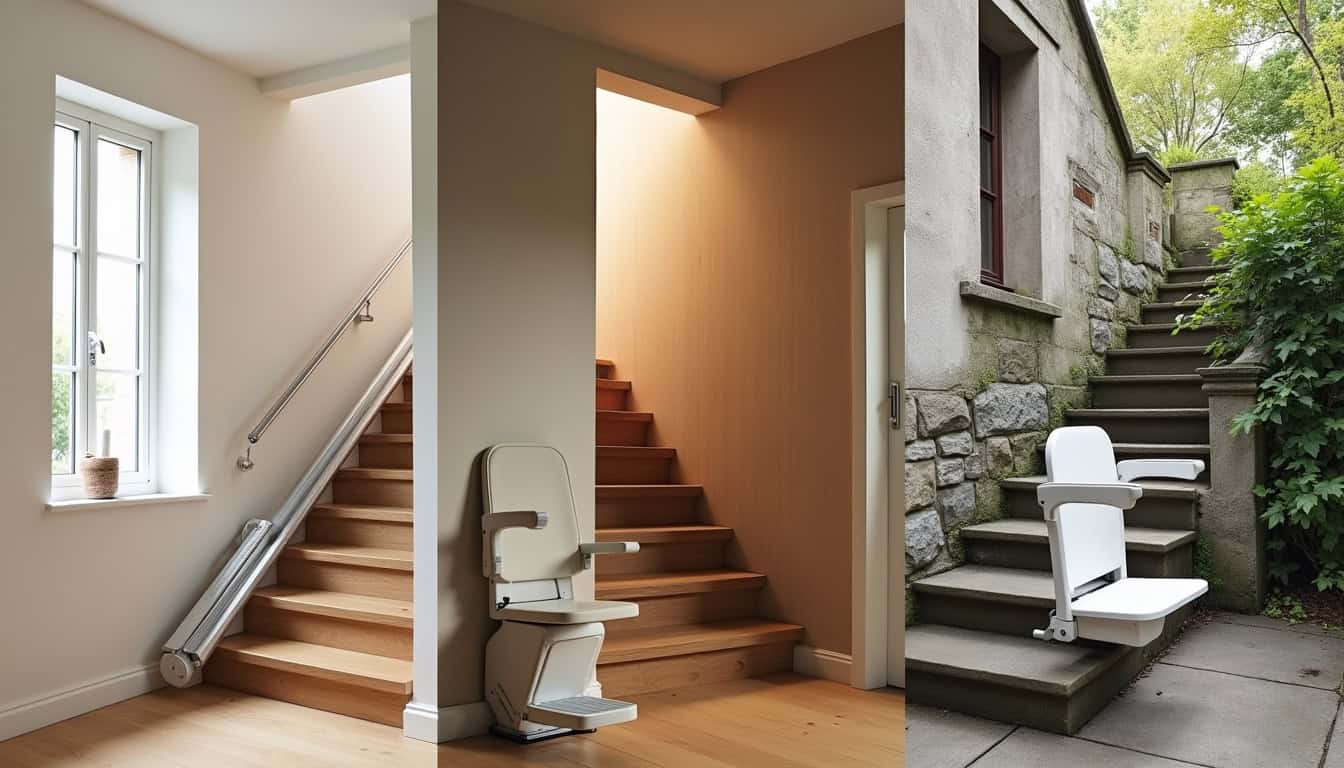Différents types de monte-escaliers installés à Sain-Bel: droit, tournant et extérieur
