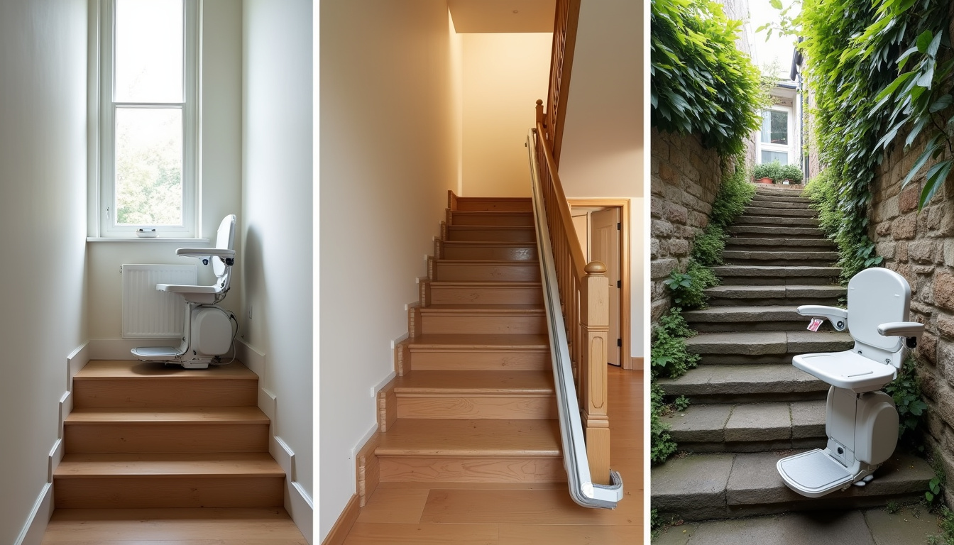 Différents types de monte-escaliers installés à Saint-Gervasy: droit, tournant et extérieur