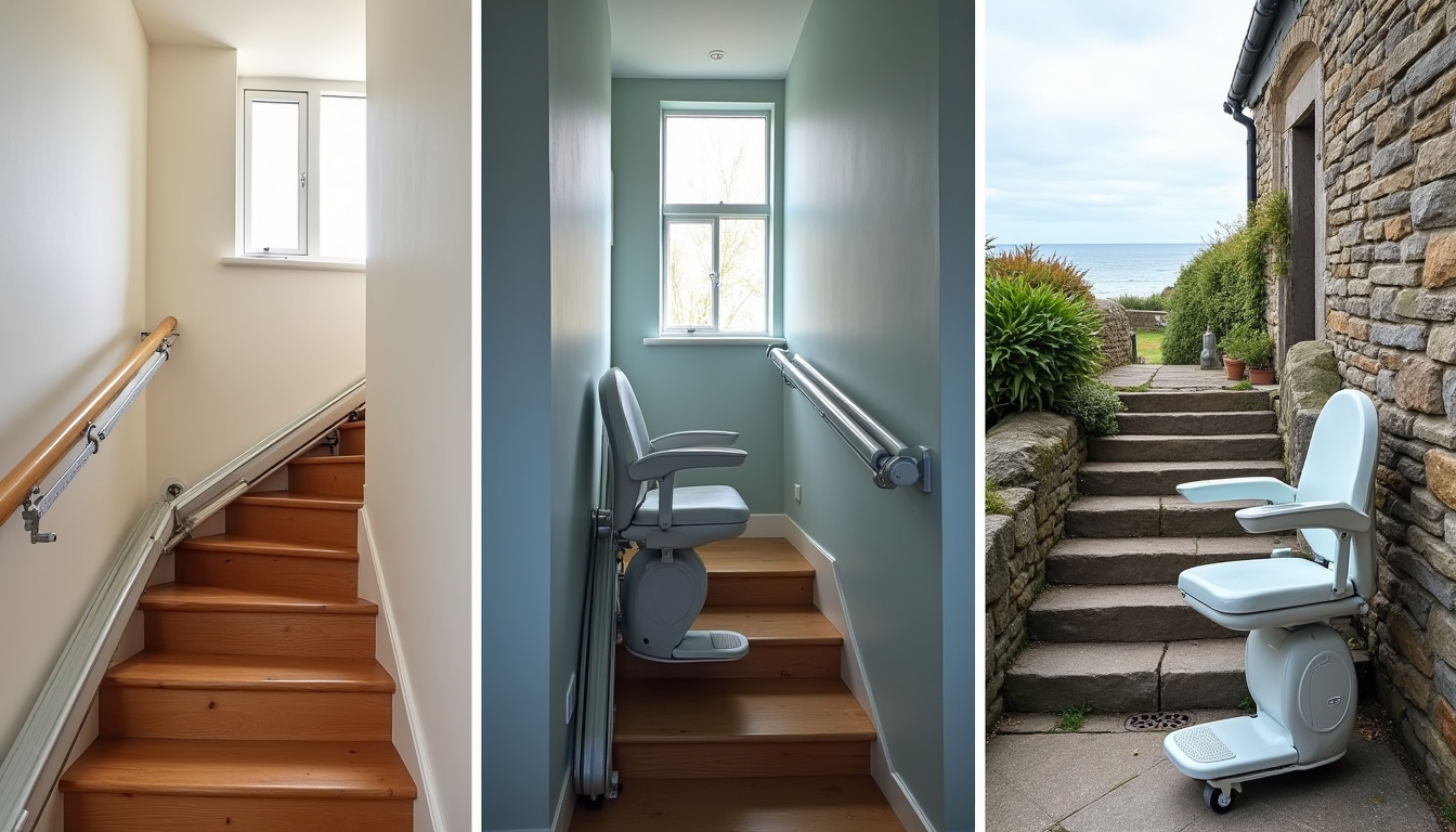 Différents types de monte-escaliers installés à Saint-Pabu: droit, tournant et extérieur