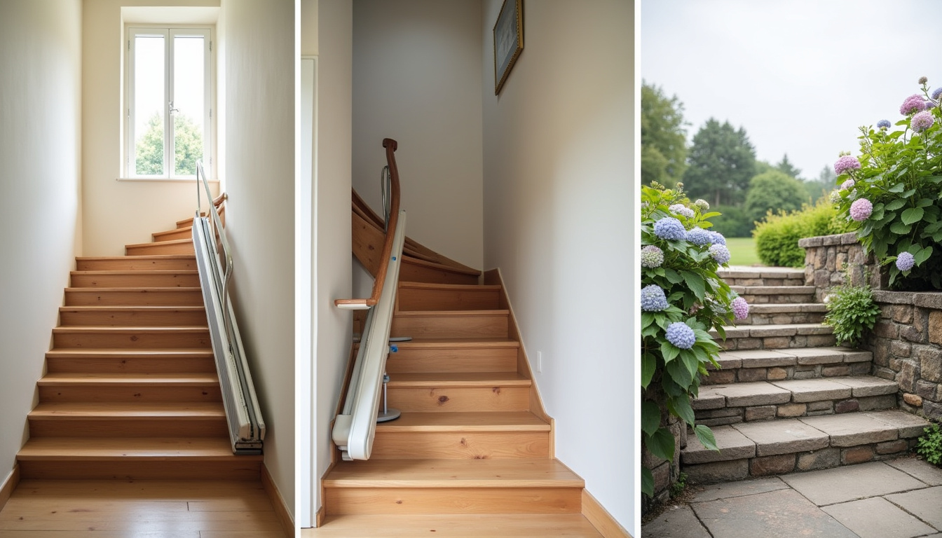Différents types de monte-escaliers installés à Savigny-en-Véron: droit, tournant et extérieur