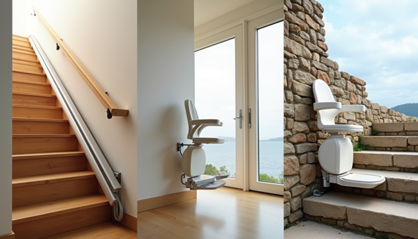 Différents types de monte-escaliers installés à Telgruc-sur-Mer, droit, tournant et extérieur