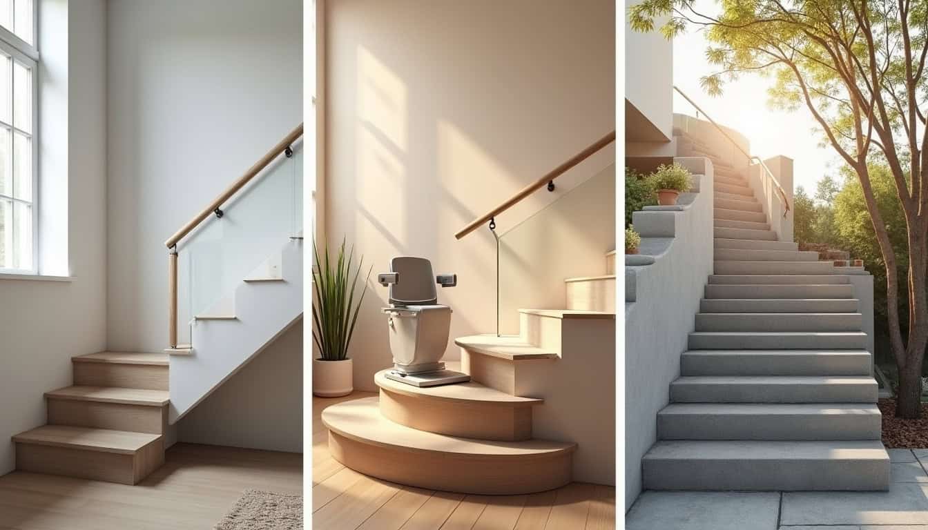 Différents types de monte-escaliers installés à Teyran: droit, tournant et extérieur