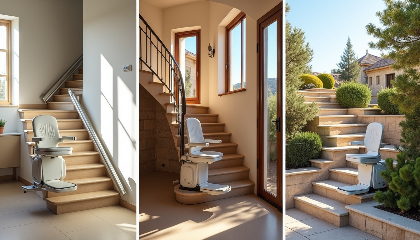 Différents types de monte-escaliers installés à Tulette: droit, tournant et extérieur