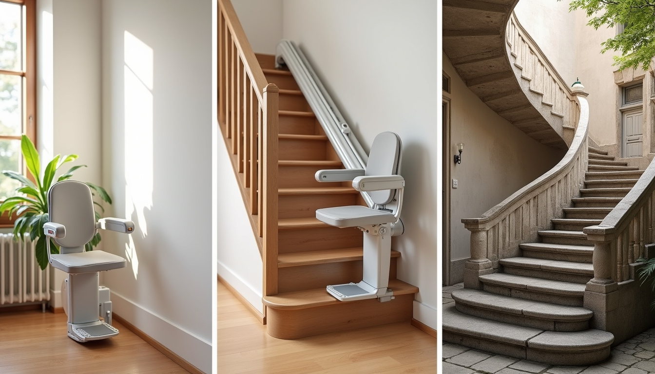 Différents types de monte-escaliers installés à Vred: droit, tournant et extérieur