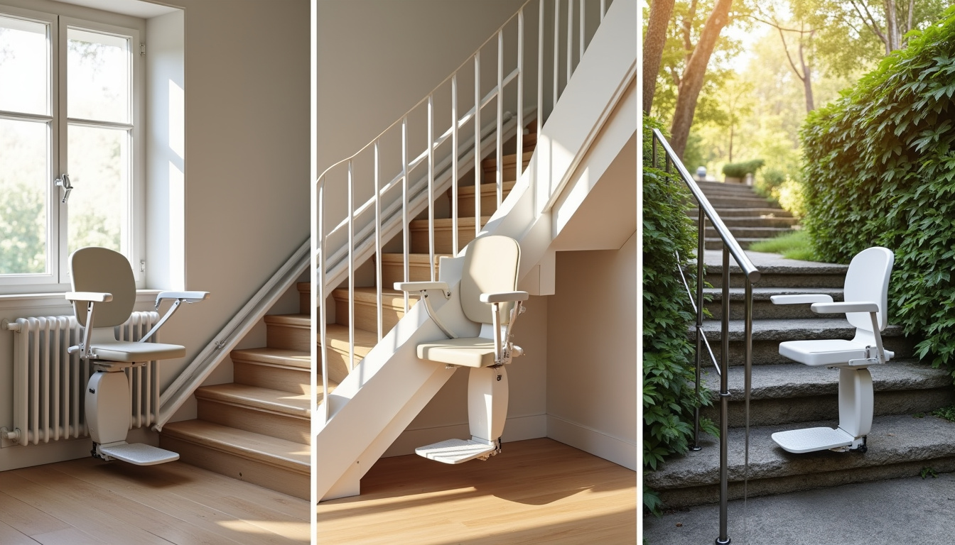 Différents types de monte-escaliers installés dans des habitations à Saulnes: droit, tournant et extérieur