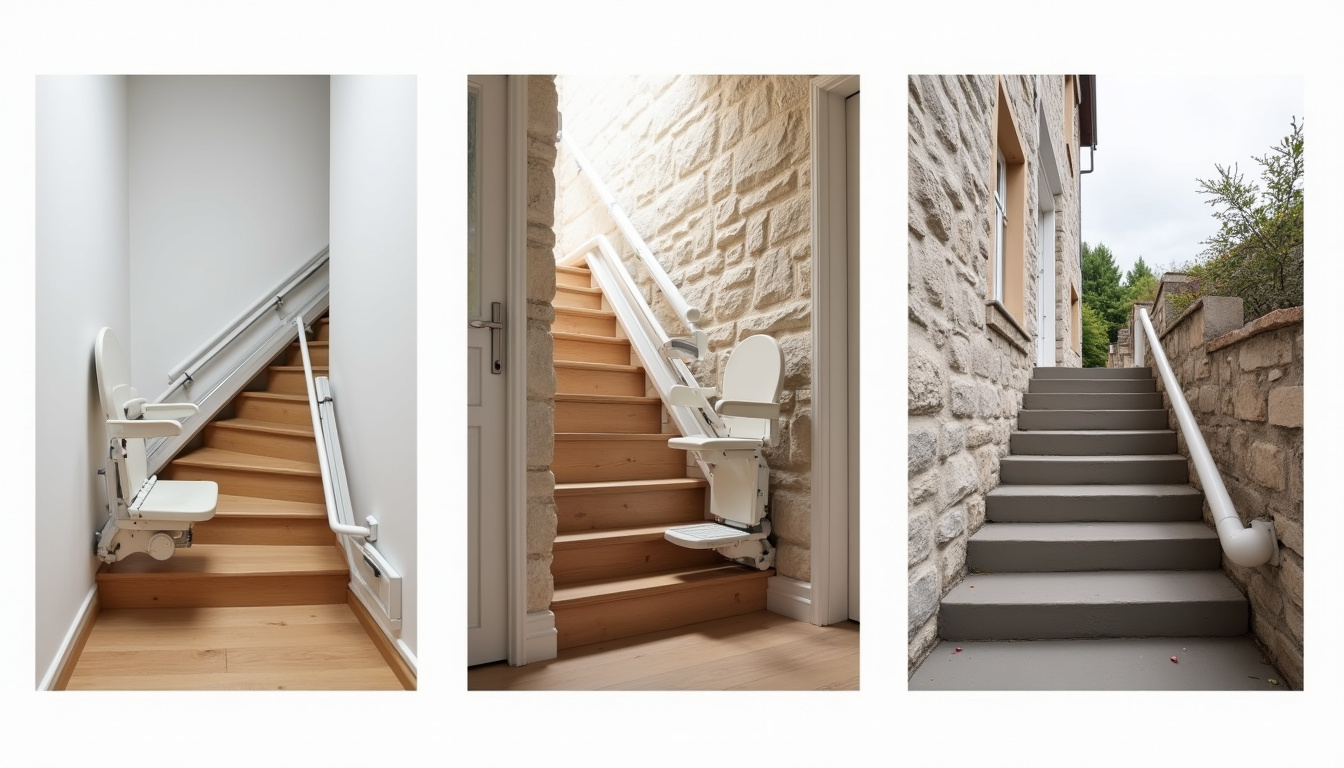 Différents types de monte-escaliers installés dans des logements de Bellême: droit, tournant et extérieur