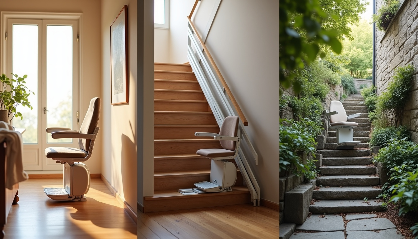 Différents types de monte-escaliers installés dans des maisons à Cazes-Mondenard: droit, tournant et extérieur