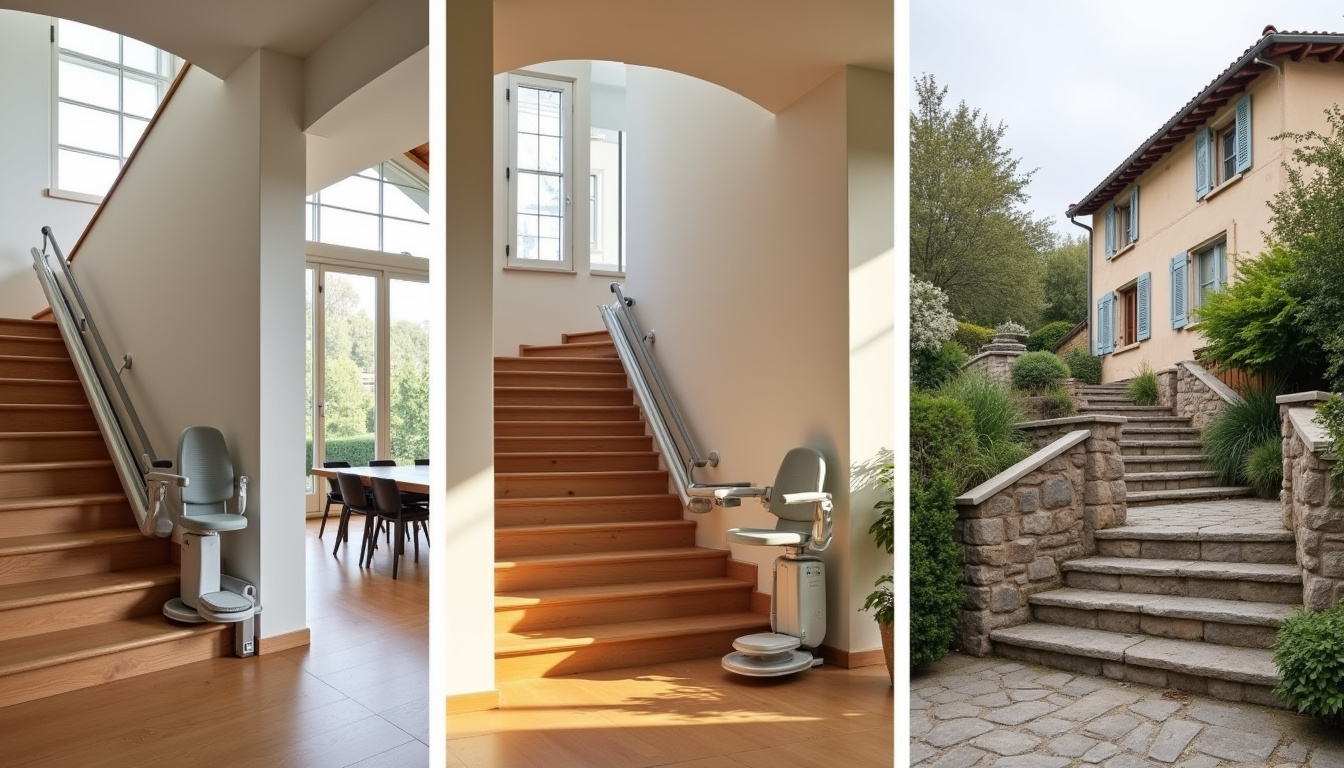 Différents types de monte-escaliers installés dans des maisons à Le Cellier: modèle droit, tournant et extérieur