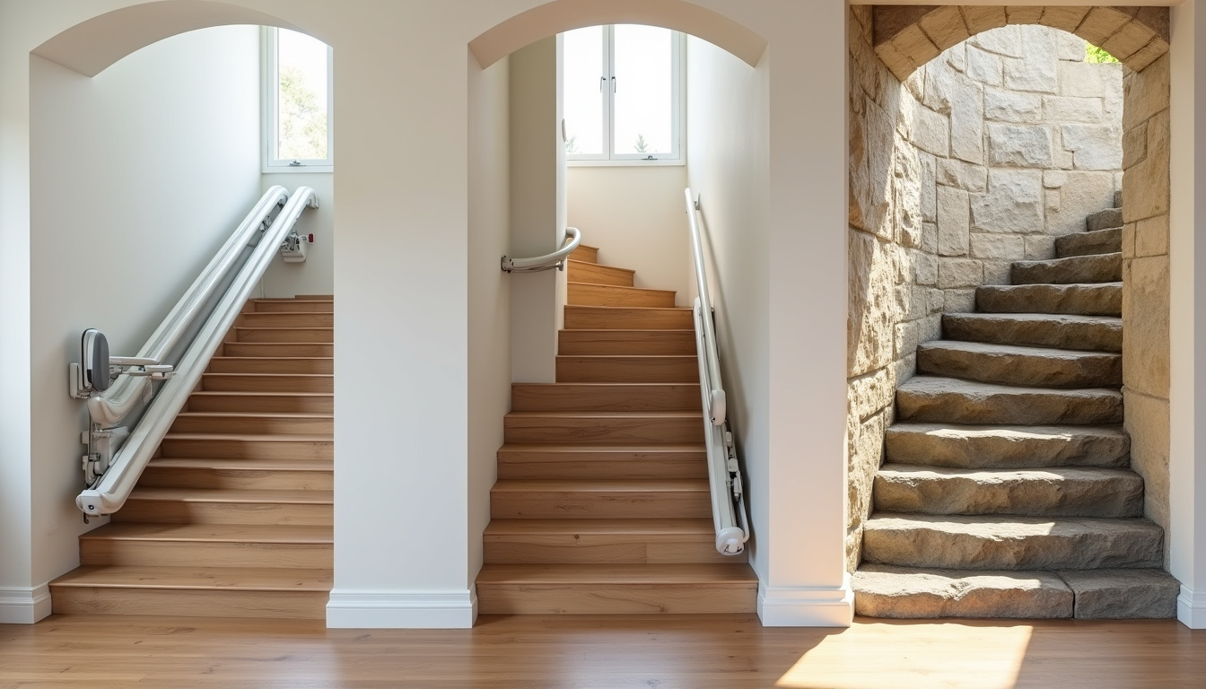 Différents types de monte-escaliers installés dans une habitation à Mens: modèle droit, tournant et extérieur