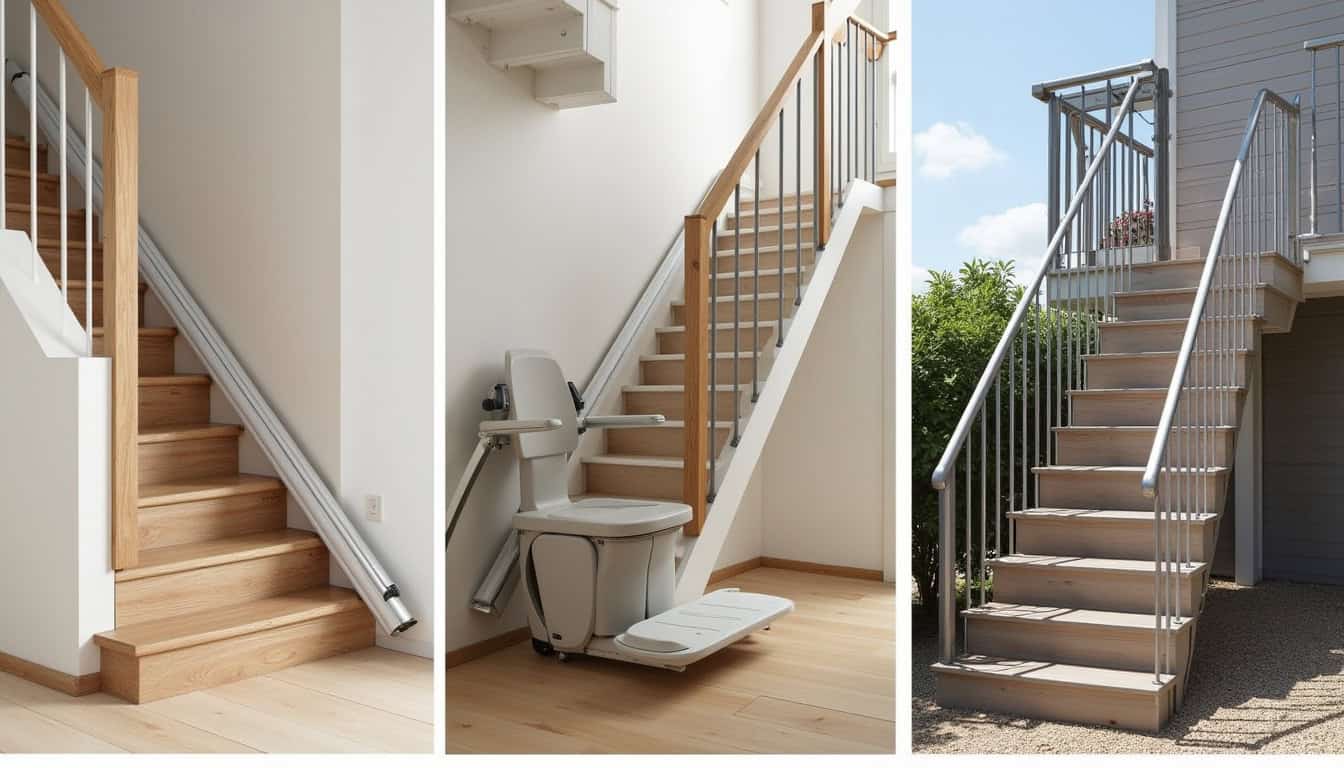 Différents types de monte-escaliers installés dans une maison à Moyaux: droit, tournant et extérieur