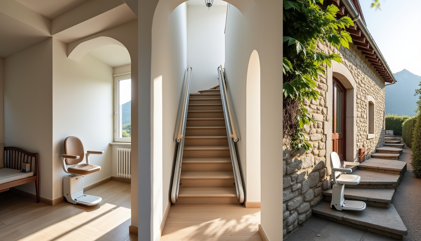 Différents types de monte-escaliers installés dans une maison à Saint-Benoît-de-Carmaux: droit, tournant et extérieur