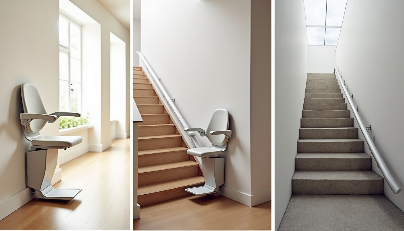 Différents types de monte-escaliers installés: droit, tournant et extérieur