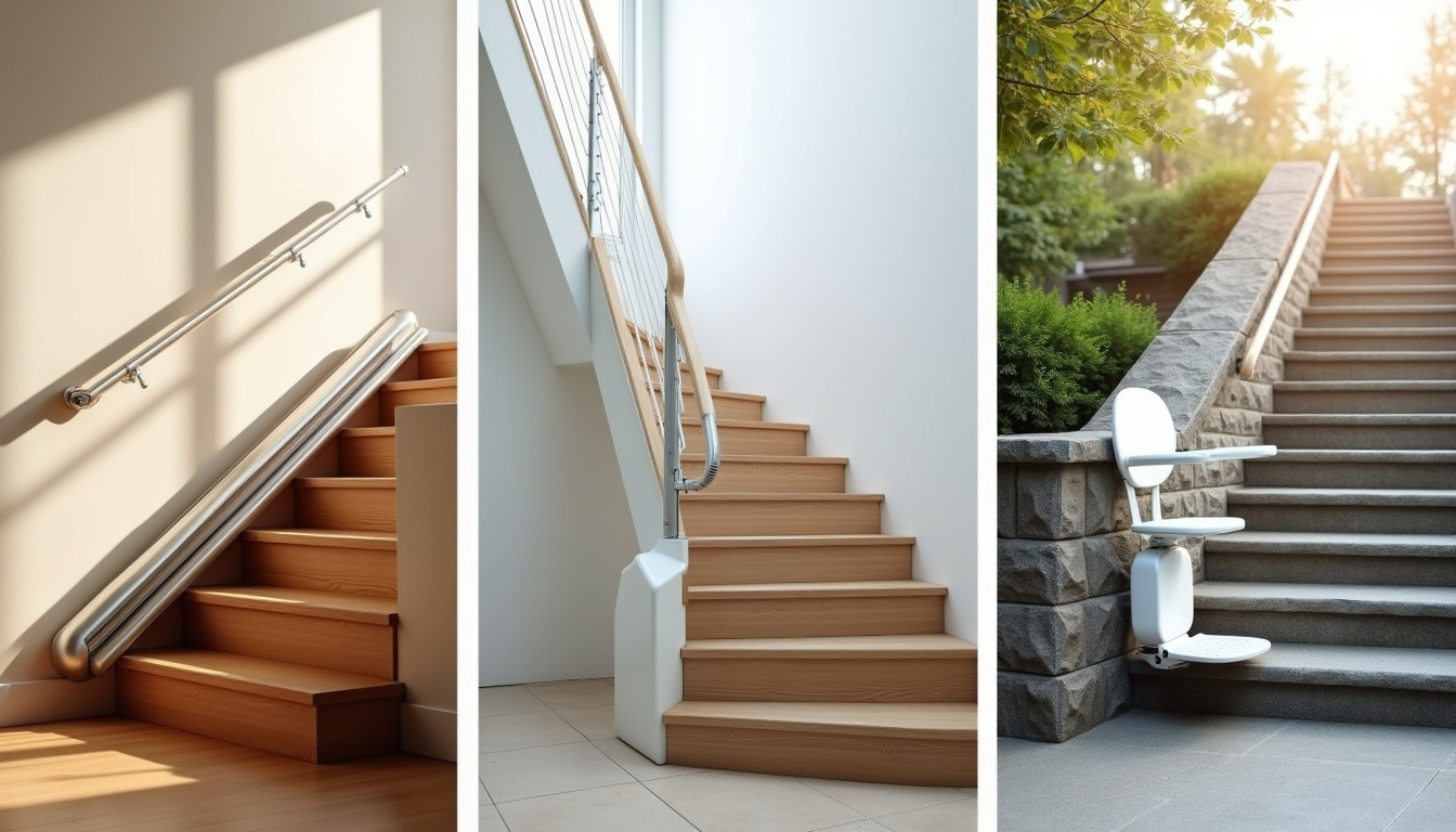 Différents types de monte-escaliers installés: droit, tournant et extérieur