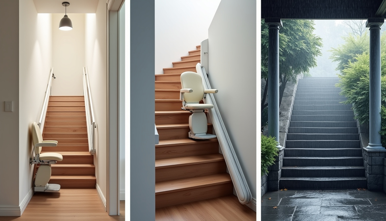 Différents types de monte-escaliers installés: droit, tournant et extérieur